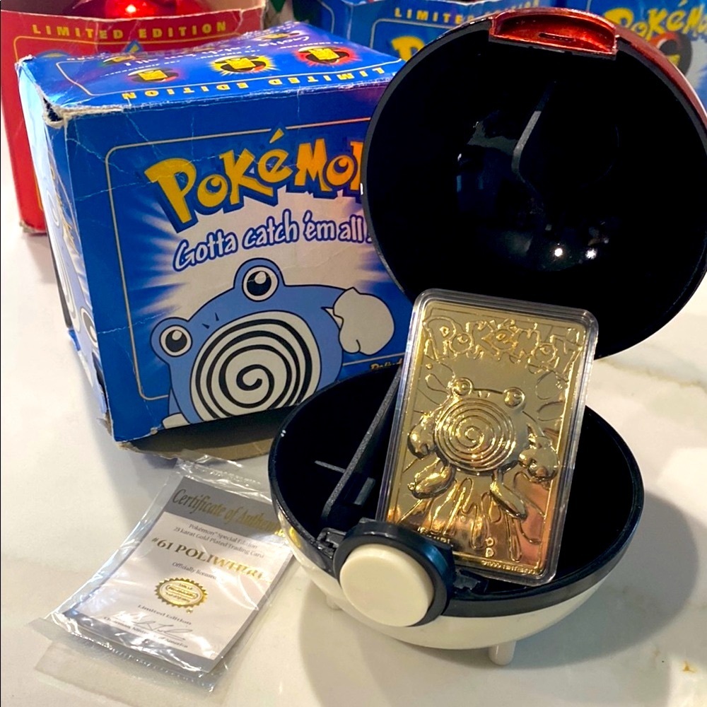 1999 Pokemon 23k Gold Poliwhirl Card Burger King Pokeball Complete Set w/ COA